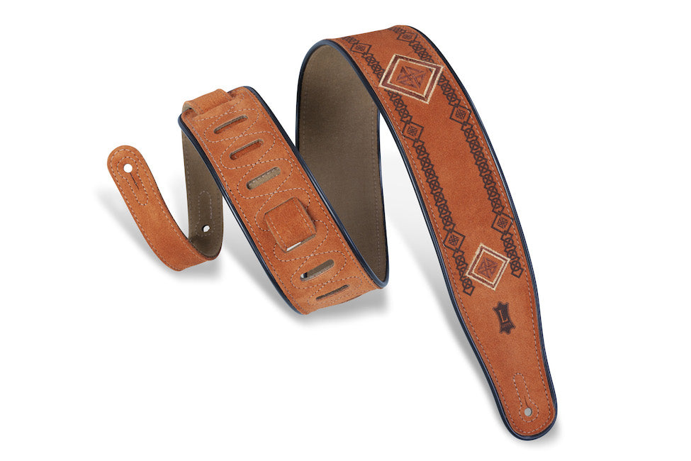 Levy's 2 1/2" Wide Suede Guitar Strap - Brown Embroidered and Printed Design