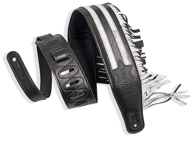 Levy's 2 1/2 inch Wide Garment Leather Guitar Strap - Black/White Harley Fringe