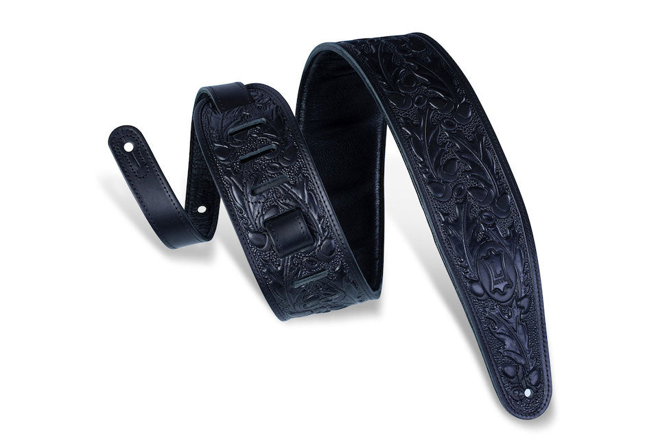 Levy's 3" Wide Veg-tan Leather Guitar Strap - Black Embossed Acorn/Oak Leaves