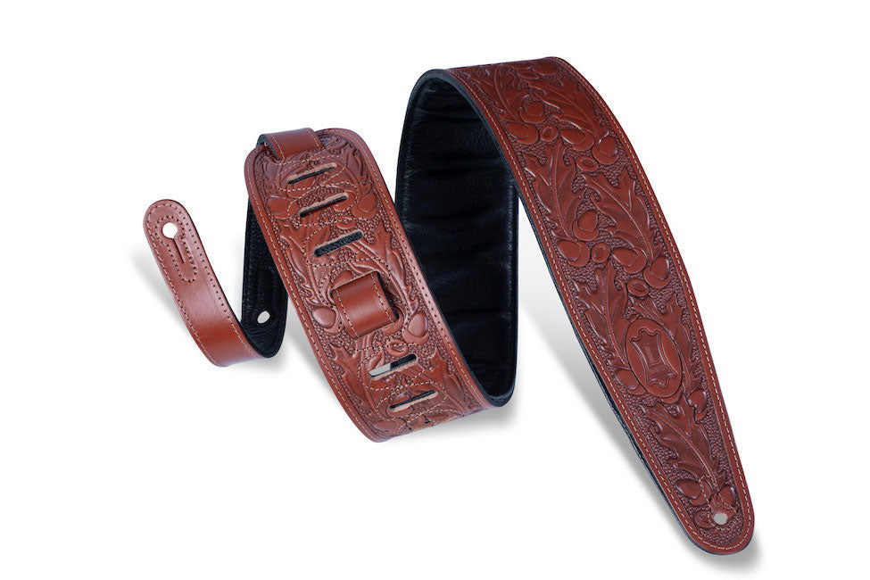 Levy's 3" Wide Veg-tan Leather Guitar Strap - Walnut Embossed Acorn/Oak Leaves